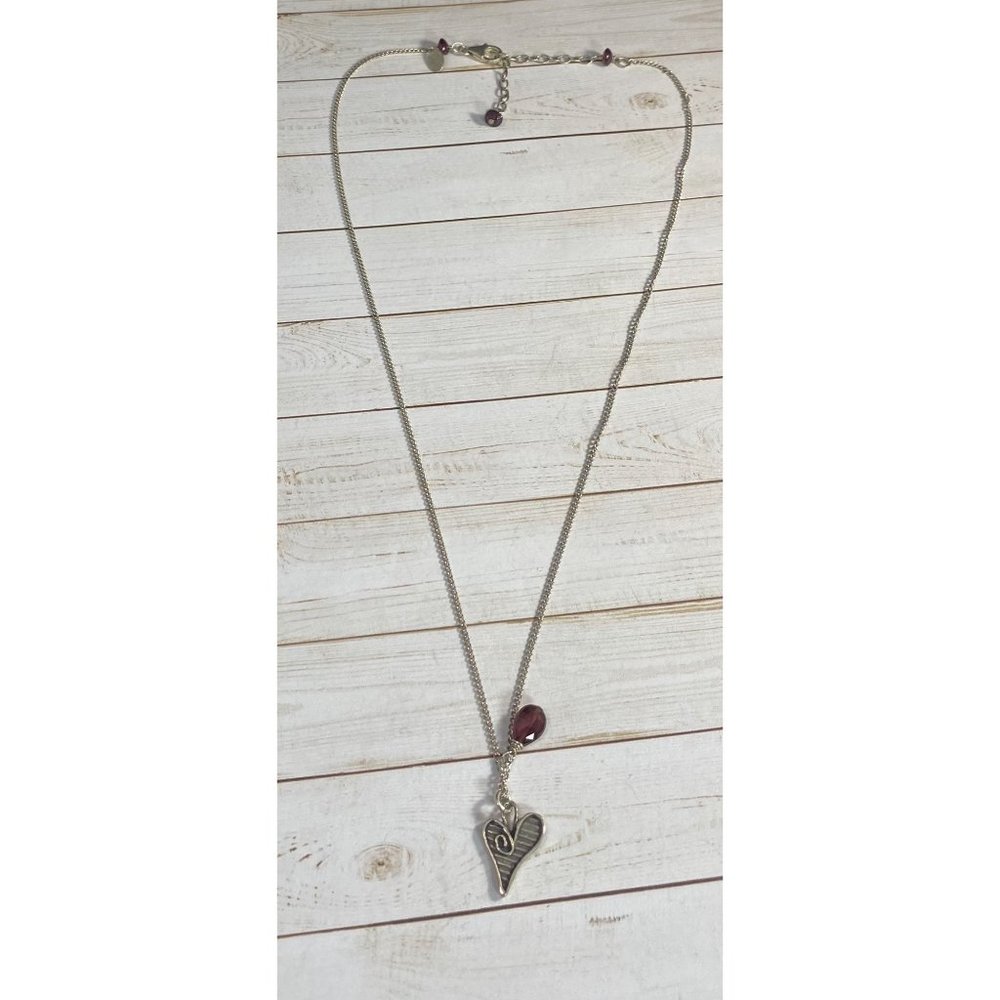 Lisa Marie Sterling Silver Necklace Swirled Heart Pendant Red Faceted Glass